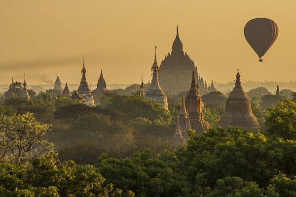 Bagan Balloons at sunrise, Myanmar. This is one of my favorite photos, the complexity of the temples with that one single balloon, it's almost unreal.